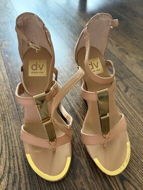 Dolce Vita Blush Pink T-Strap Heels with Gold Accents
